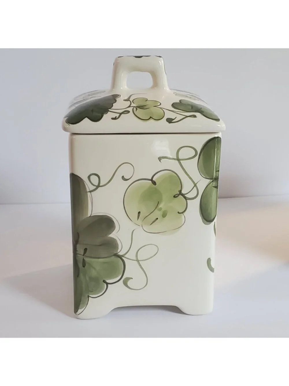 Jay Wilfred Canisters Square Ceramic Ivory Green Leaf Design Portugal - Set of 2